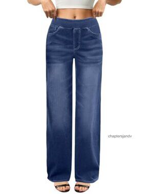 Wide Leg High Waisted Stretchy Pull On Jeans with Pockets